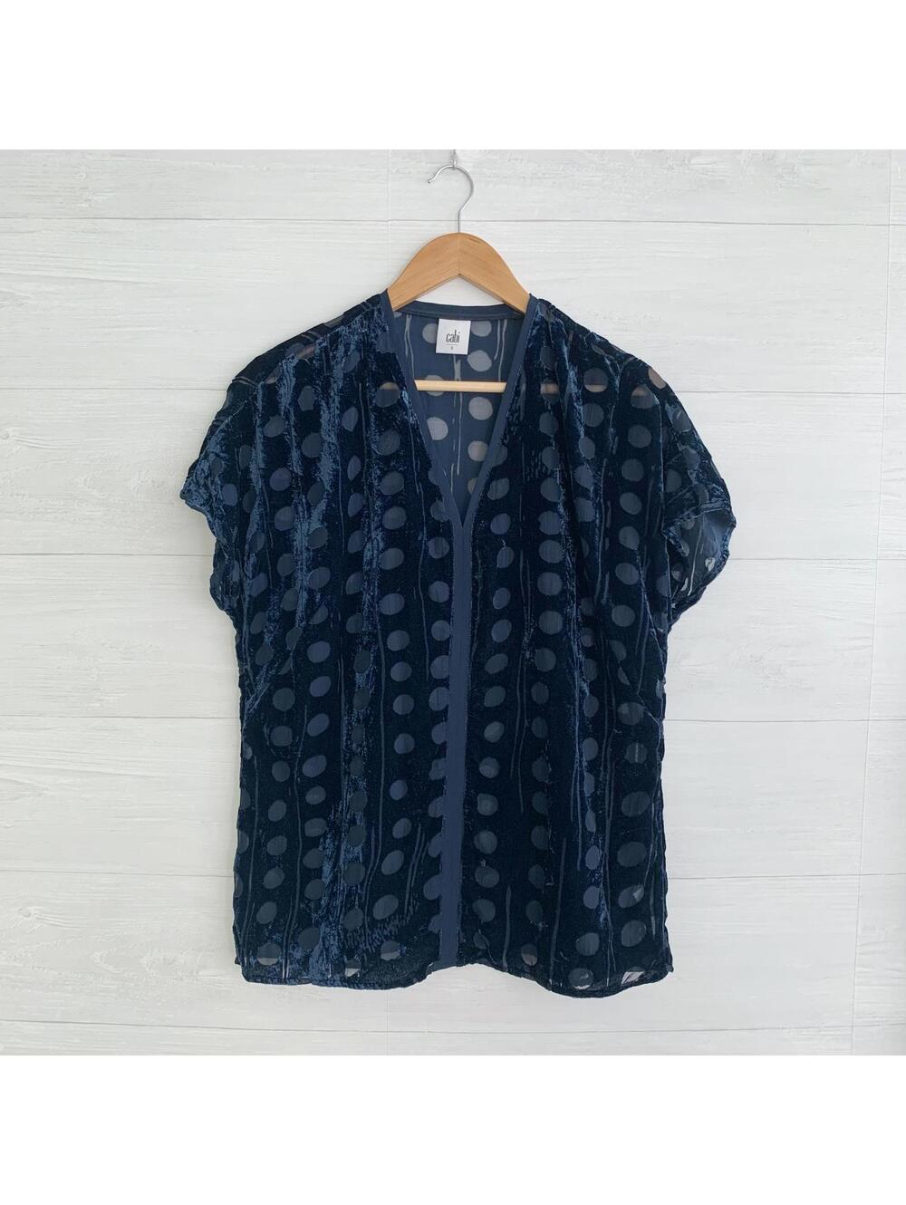 Cabi 3507 Spot On Blouse Blue Velvet Burnout Sheer V Neck Top S